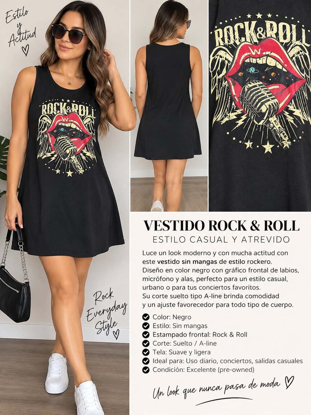 EMERY ROSE Rock And Roll Lips Graphic Tank Dress Size S Black